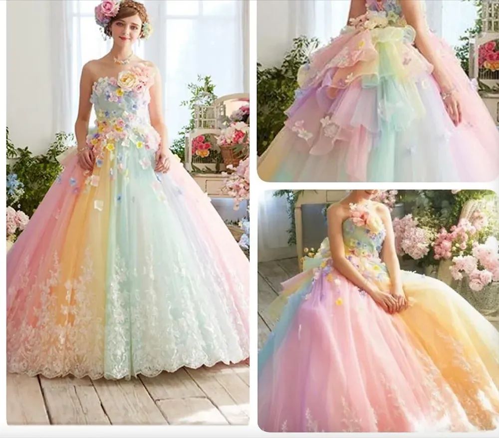 Nieuwe mooie kleurrijke regenboog tutu prom jurken 3d bloem kanten gezwollen baljurken vestido formatura abiye ruches avondjurken