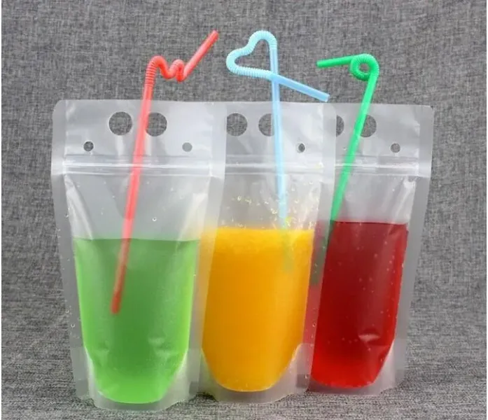 Clear Drink Pouches Bags frosted Zipper Stand-up Plastic Drinking Bag with straw with holder Reclosable Heat-Proof 17oz