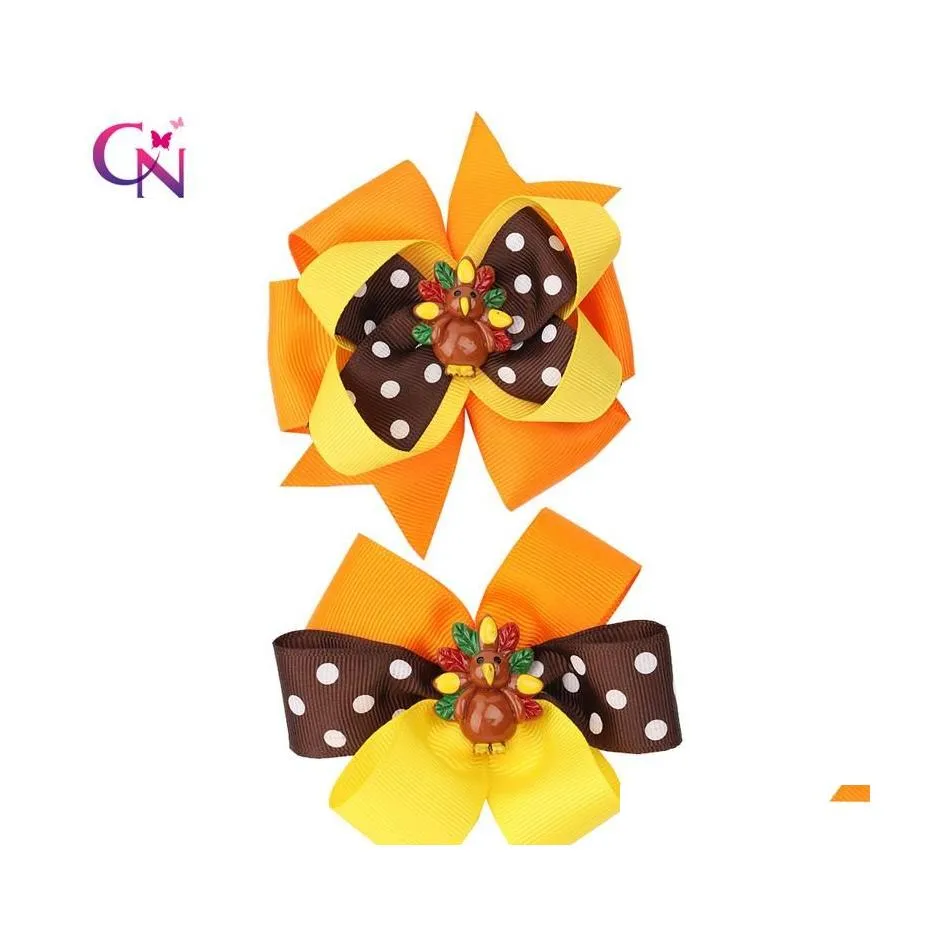 Hair Accessories Cn 6 Pcs/Lots 3.5 Thanksgiving Bows For Girls Kids Stack Dot Turkey Clips Hairpins Festival Accessoriess Drop Deliv Dh6Qe