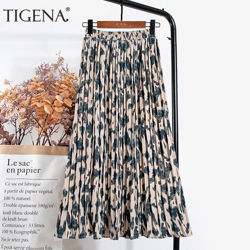 Dresses TIGENA Leopard Print Long Maxi Pleated Skirt Women Fashion 2022 Summer Korean Elastic High Waist Aesthetic Chiffon Skirt Female