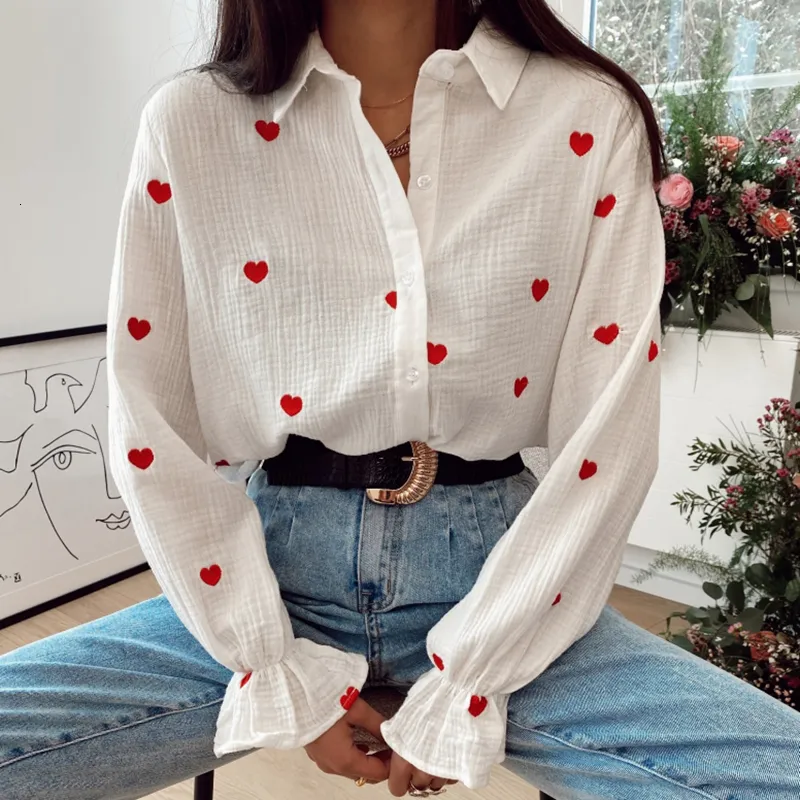 Womens Blouses Shirts Fandy Lokar Casual Turn Down Collar Fashion Heart Embroidery Elegant Long Sleeve Tops Female Ladies 230509