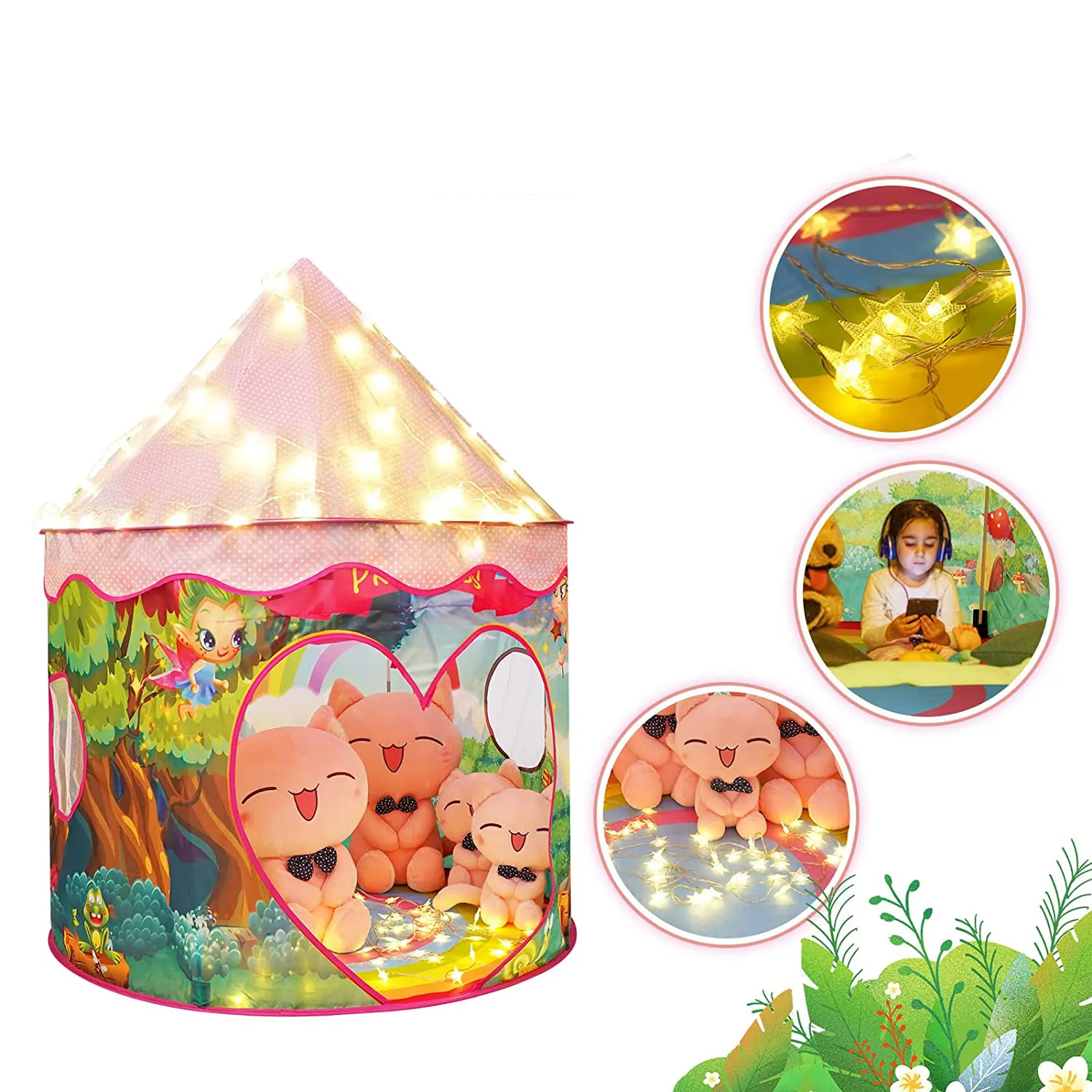 Xmas Gift Kids Play Tent with Lights Indoor & Outdoor, Pop Up Tent for Kids, Kids Toys for Girls, Princess Toys, Toddler Girl Toys, Kids Play House with LED Star Light