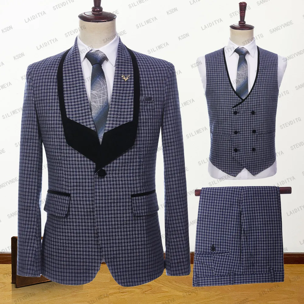 Herenpakken Blazers Men Men Wedding Party Zomer Blauw Wit Reto Classic Plaid Black Rapel Fashion Slim Fit Suits 3 PCS Set Jacket Vestbroek 230509