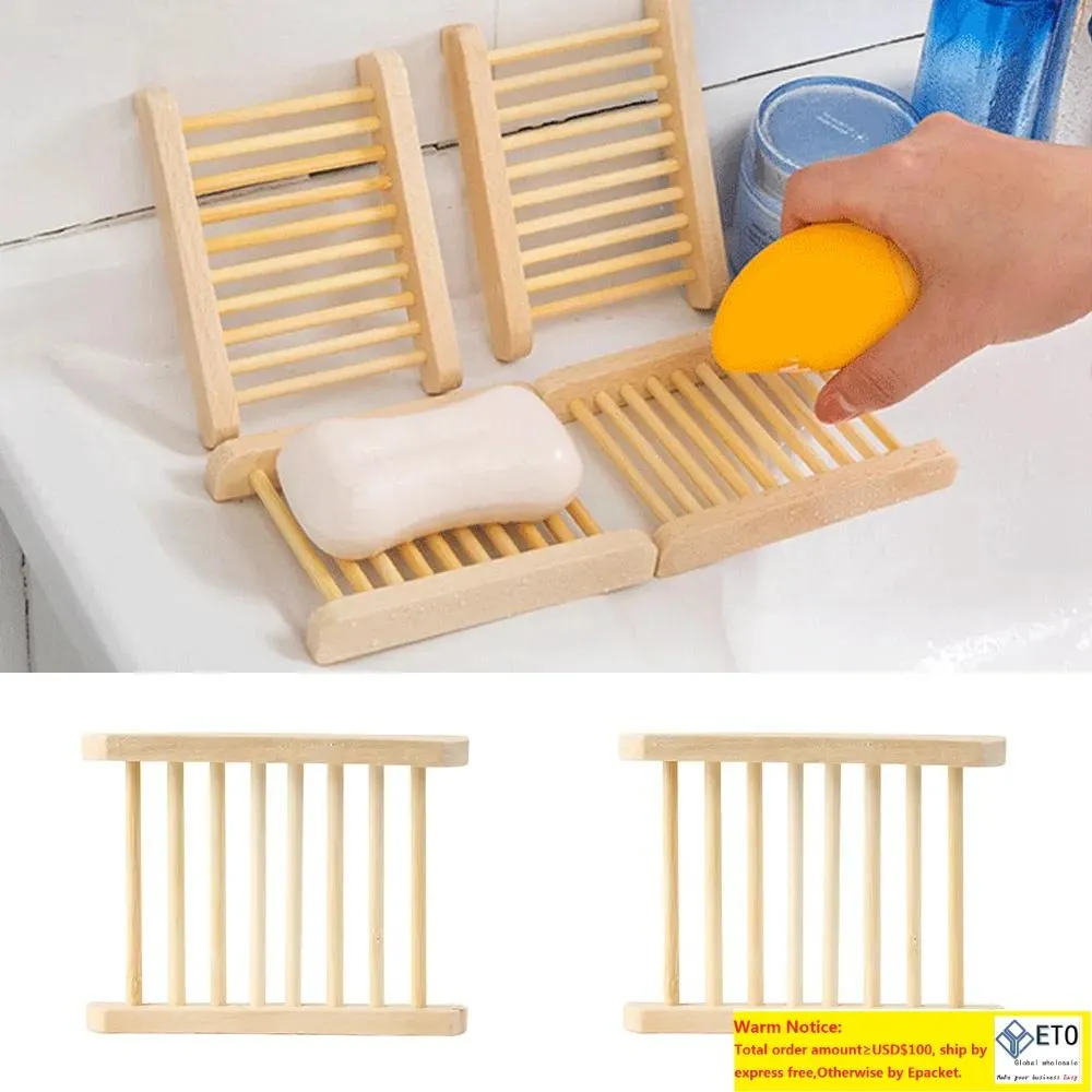 100st Natural Bamboo Trays Wholesale Woolesale Wood Bar Soap Dish Tray Holder Rack Plate Box Container för baddusch Badrum Hem Träfodral