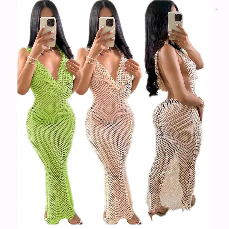 Maillots de bain pour femmes Cover Up Beach Femmes Robe Mesh Sexy Dos Nu Creux Couleur Pure Sling Solide Polyester 2023 Wrap Sorties Robe Plage
