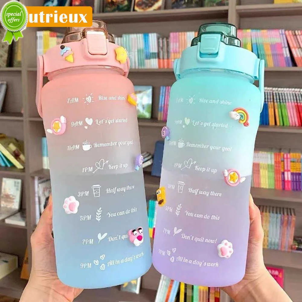 2 liter vattenflaska Motiverande dricksflaska sportvattenflaska med tidsmarkör klistermärken bärbara återanvändbara vattenkoppar