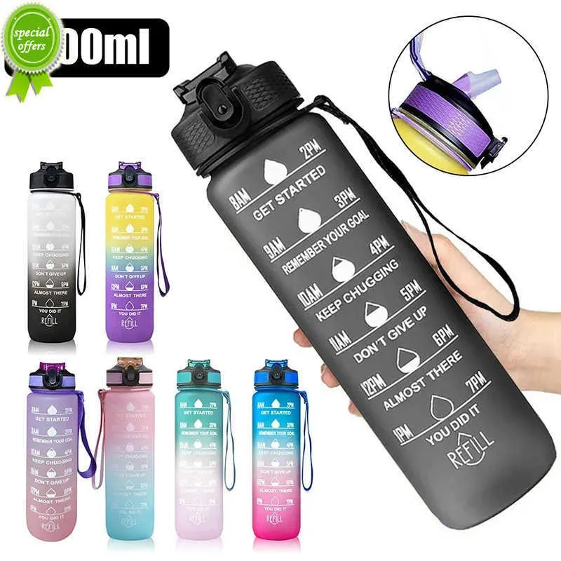 1 Liter Water Bottle with Time Marker and Straw Motivational Sport Leakproof Drinking Bottles For Outdoor Travel Gym Fitness