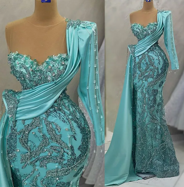 Arabic Crystal Pearl Sequined Lace Mermaid Turquoise Prom Dress For ...