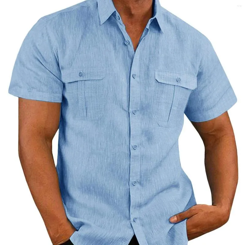 Men's Casual Shirts Mens Fashion Cotton Linen Shirt Double Pockets Button Up Short Sleeve Solid Color White Black Blue Men Tops