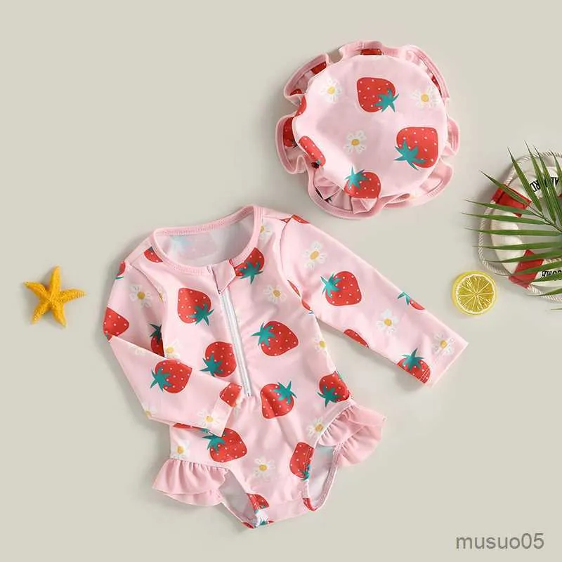 Tweedelende peuter babymeisjes zomer uitslag zwempak casual lange mouw aardbei print badpak zonnepak strandkleding set