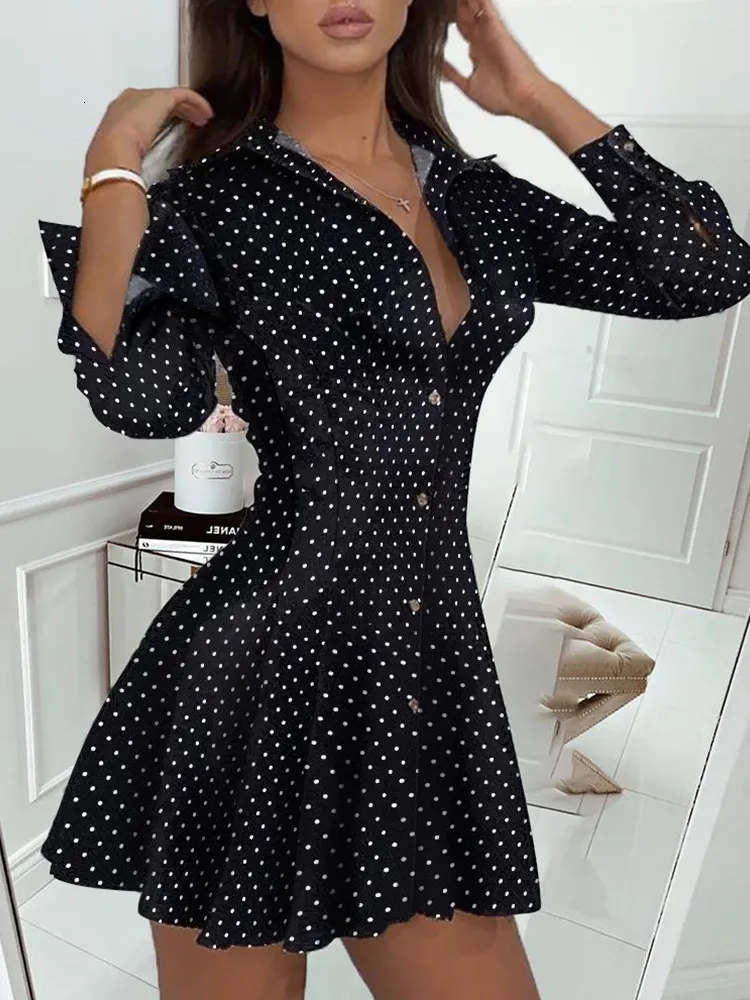 Save Big on Bulk Casual Dresses Dot Print Pleated Skater Dress Women Long  Sleeve Turn Down Collar Elegant Mini Dress Ladies Casual Short Dress