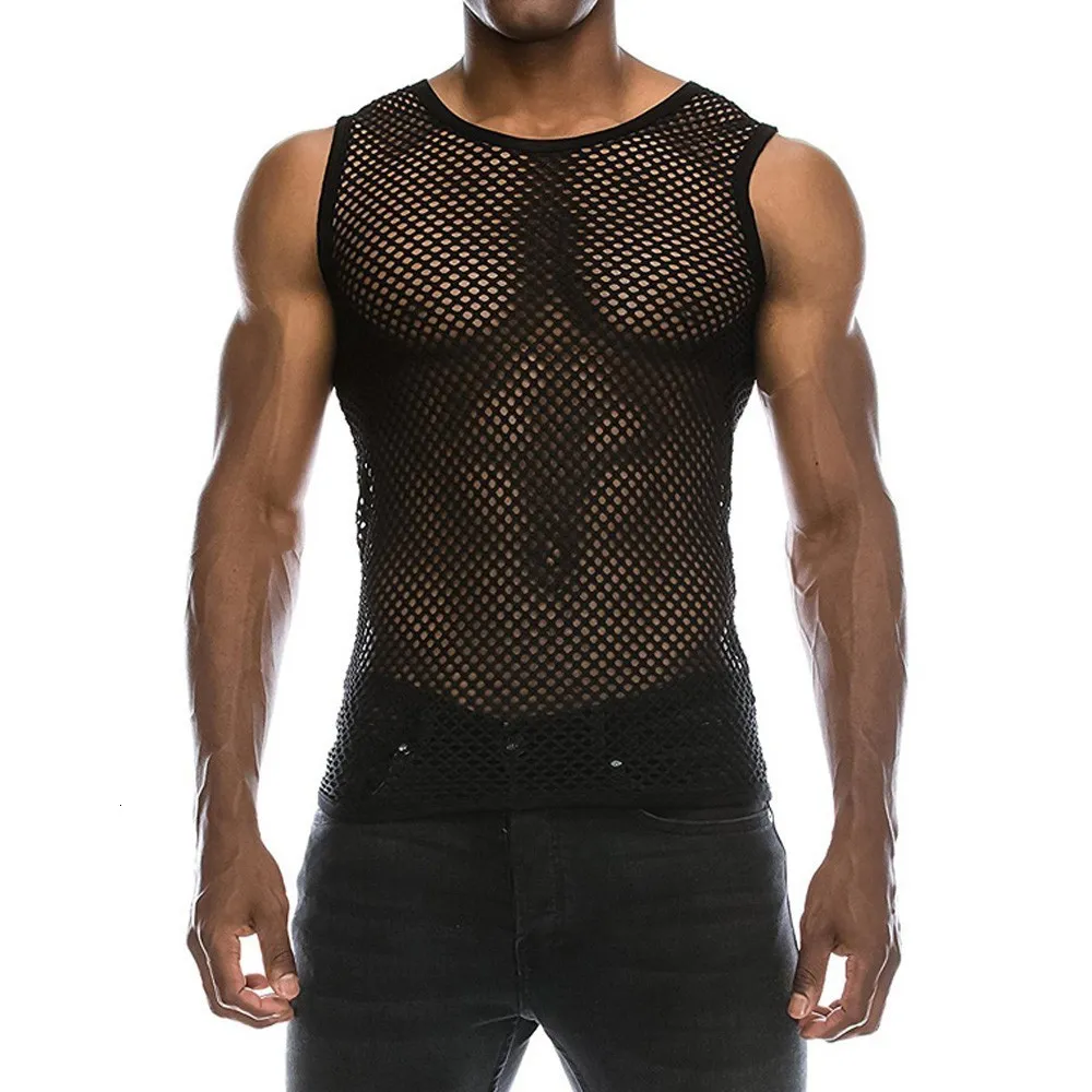 Mens Tank Tops Sexy Top Transparent Mesh Undershirt Fishnet Vest String Sleeveless Shirts Male See Through Night Clubwear Slim Sport 230509