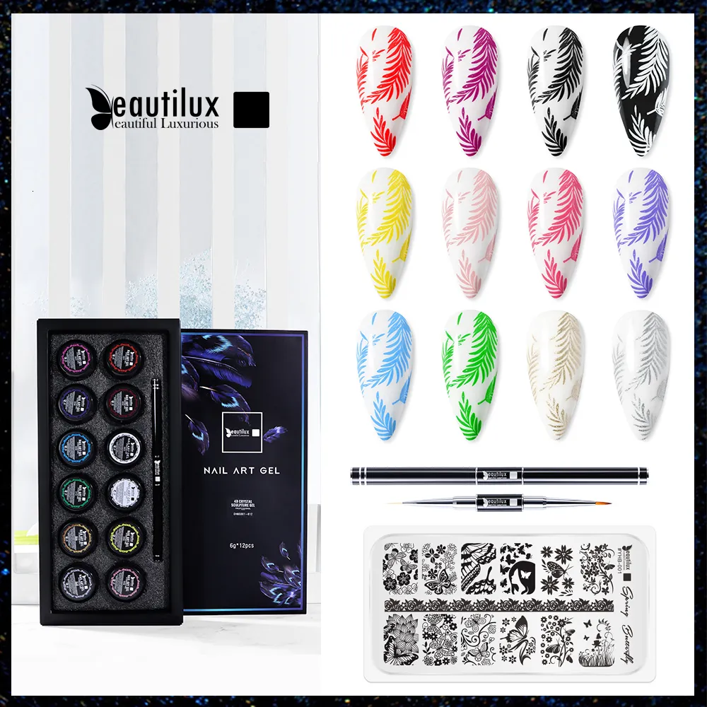 Unghie finte Beautilux Stamping Gel Kit Smalto Nero Bianco Trasferimento Soak Off Vernice Olio per stampa Art Stamp Piastre Manicure 6g 230509