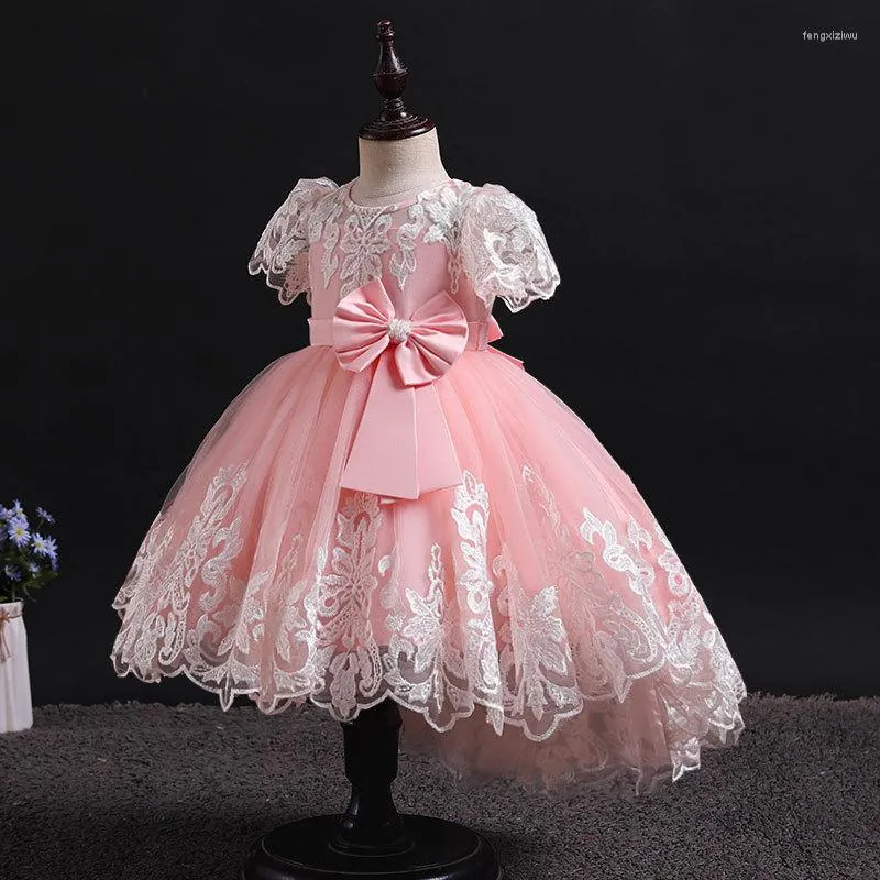 Girl Dresses 2023 Year Formal Dress Trailing Skirt Western Style Mesh Embroidery Print Bow Ball Gown For Old Children 1 6