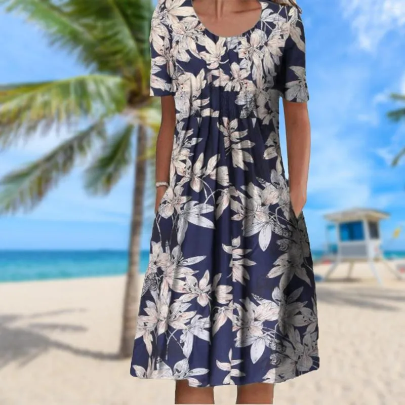 Robes Décontractées Floral Manches Courtes Robe Mi-Longue Grande Balançoire Été De Longueur Moyenne Tempérament Européen Élégant Poches Pour Les Vacances De Week-end