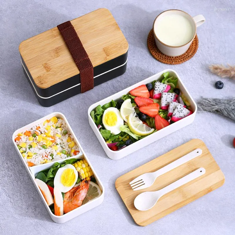 Geschirr-Sets Bambus- und holzbedeckte Doppelschicht-Lunchbox Auslaufsichere Büroangestellte für Studenten Mikrowellenofen Essstäbchen mit Löffeln Geschirr