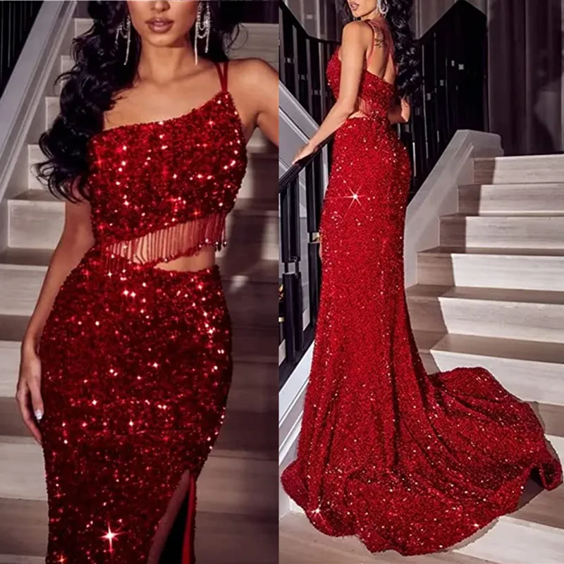 Robes de bal de sirène à paillettes bordeaux Sexy Sparkle longues robes de soirée fendues sur le côté dos nu