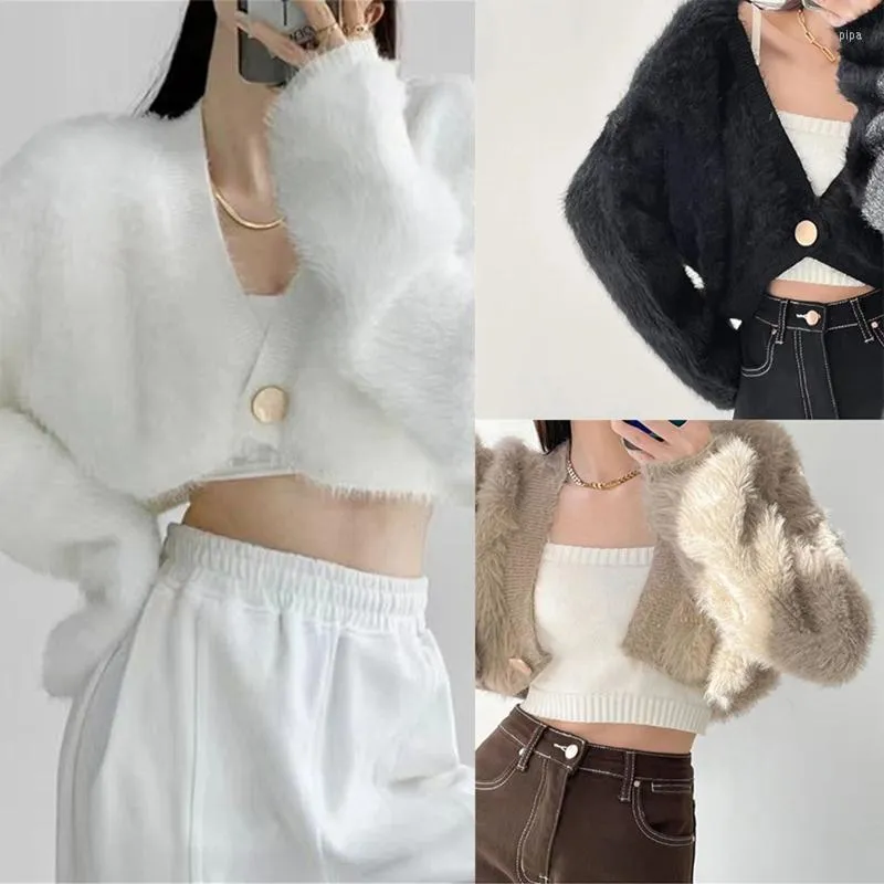 Women's Polos Women's Soft Warm Coat Loose One Button Short Jackets Furry Cropped For JACKET Solid Color Cute Knitted Tops Da