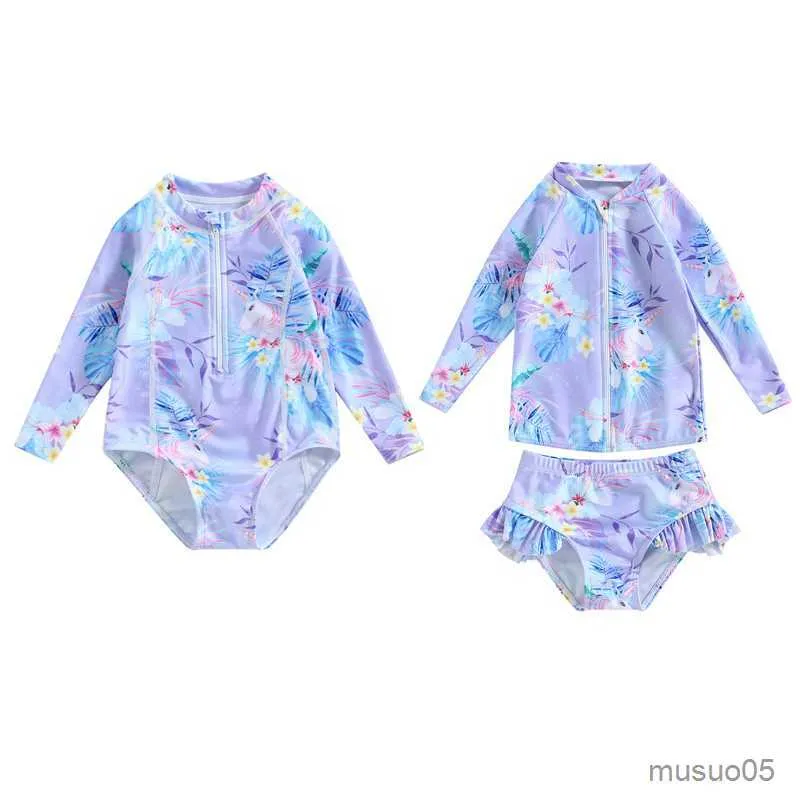 Tweedelende kinderen Baby Girl Swims Puits Zomer Bloemenprint Zipper Lange mouw Afdruk Swimwear Beachwear Girls Bading Suits