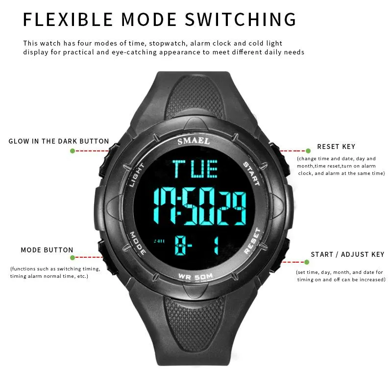 Wristwatches Digital Watch Men SMAEL 50M Waterproof Watches Led