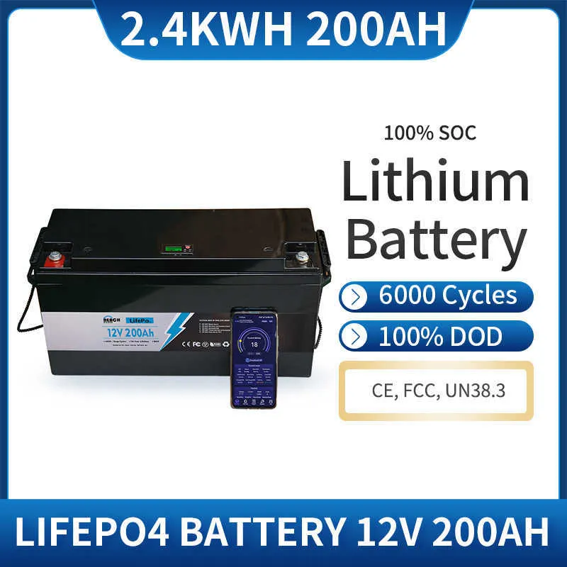 12V 200Ah Lifepo4 Eingebauter BMS Wiederaufladbarer Lithium-Eisen-Phosphat-Akku 6000 Zyklen Perfekt für Solarsysteme zu Hause