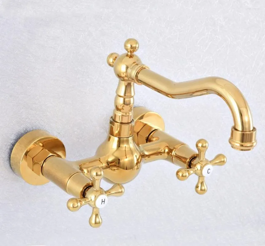 Rubinetti per lavandino del bagno Rubinetto per lavabo da cucina in ottone color oro Miscelatore per recipienti Doppi manici a parete Nsf621