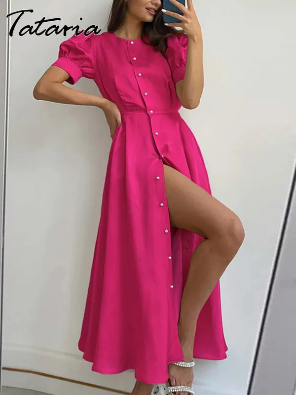 Casual Dresses Classic Women's Summer Dress with Slit Orange Elegant O Neck Maxi Dresses Office Ladies Button Up Holiday Dress for Women 230509