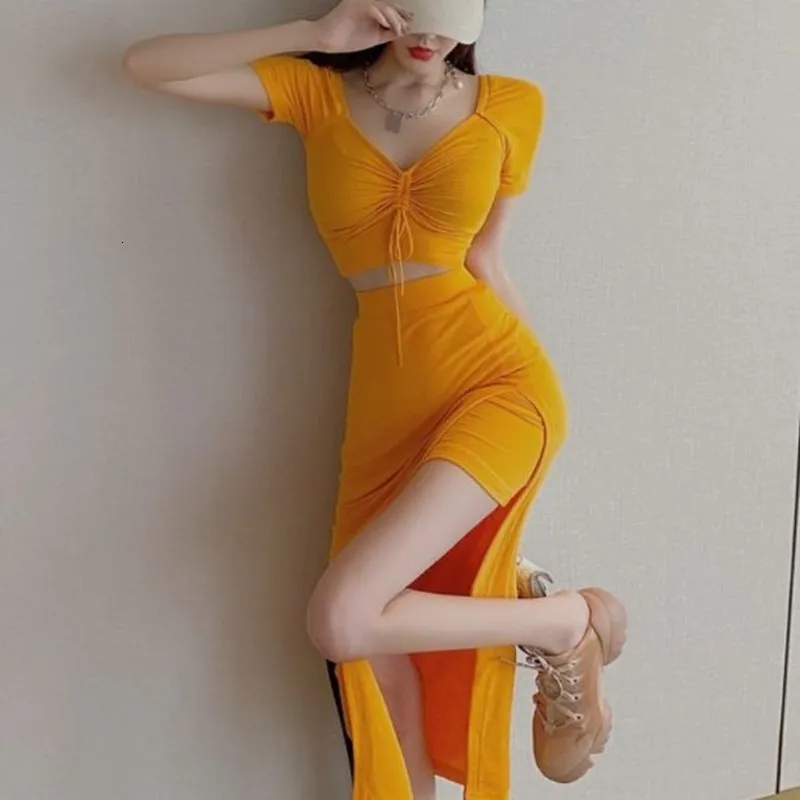 Deux pièces robe Slim femmes Sexy Orange cordon t-shirt V à manches courtes haut été coton fente asymétrique jupe ensembles sauvage 230509