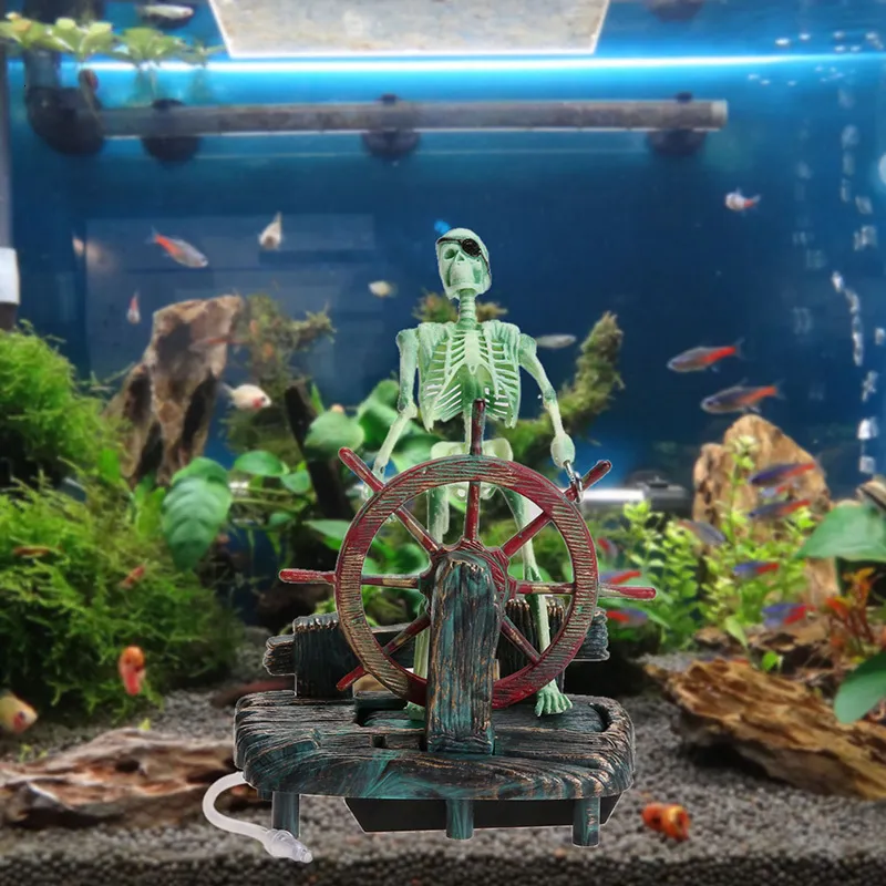 Aquarium Fish Tank Decorations Resin Pirate Skull Captain With Moving ... - Decorative Fish Tank Ornaments With Fish Skeletons