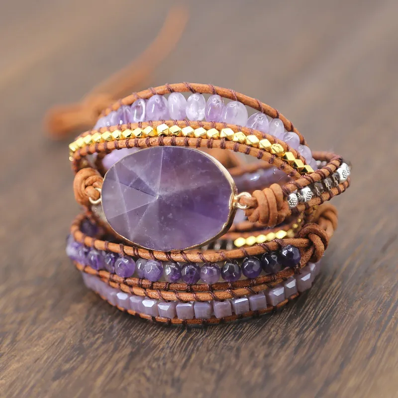 Chaîne Goutte Pierres Naturelles Cristal Quartz Charme 5 Brins Wrap Bracelets À La Main Boho Femmes En Cuir 230508