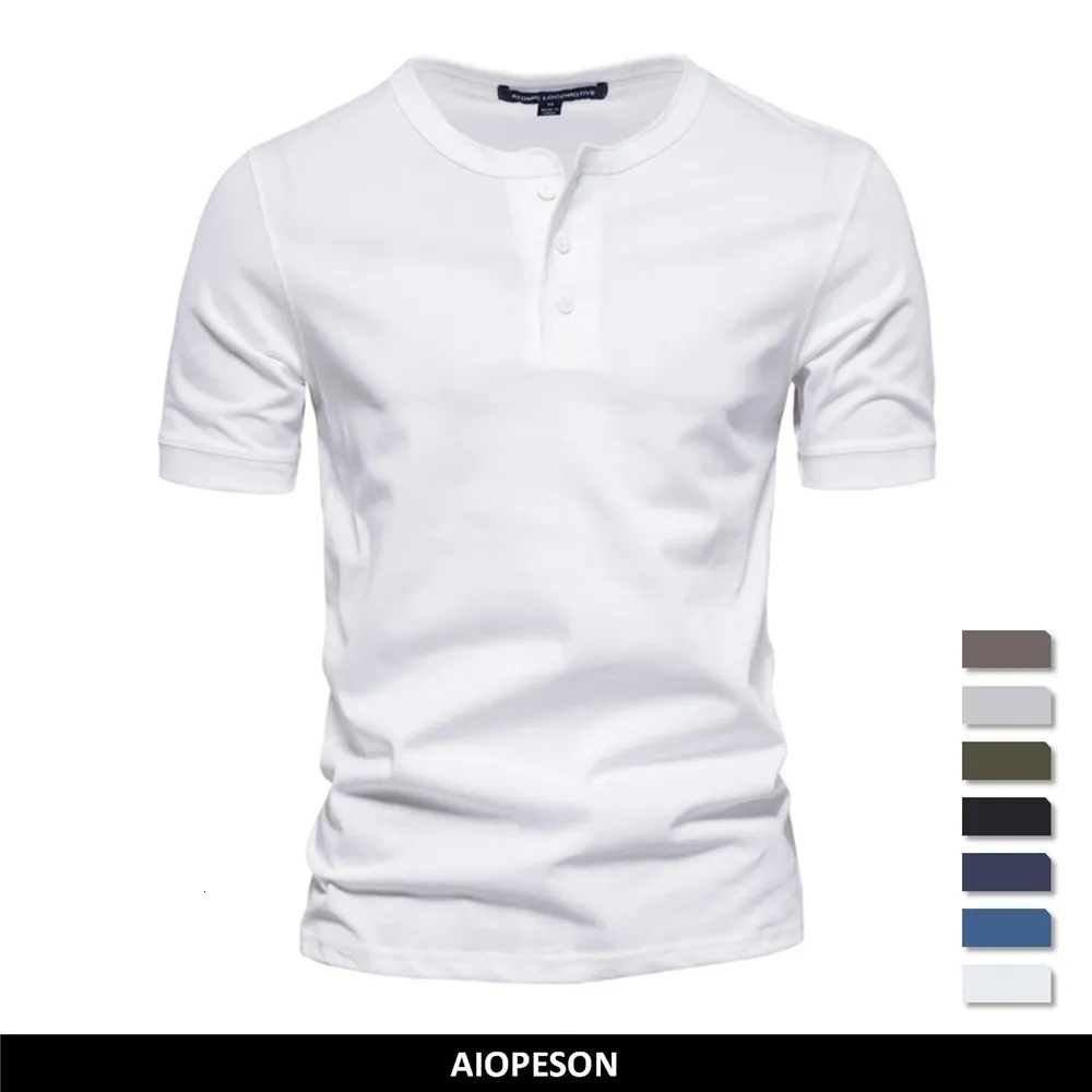 Camisetas masculinas aiopeson 100% algodão henley colar camiseta homens casuais de alta qualidade de verão de manga curta cam camiseta básica de camiseta básica masculina 230509