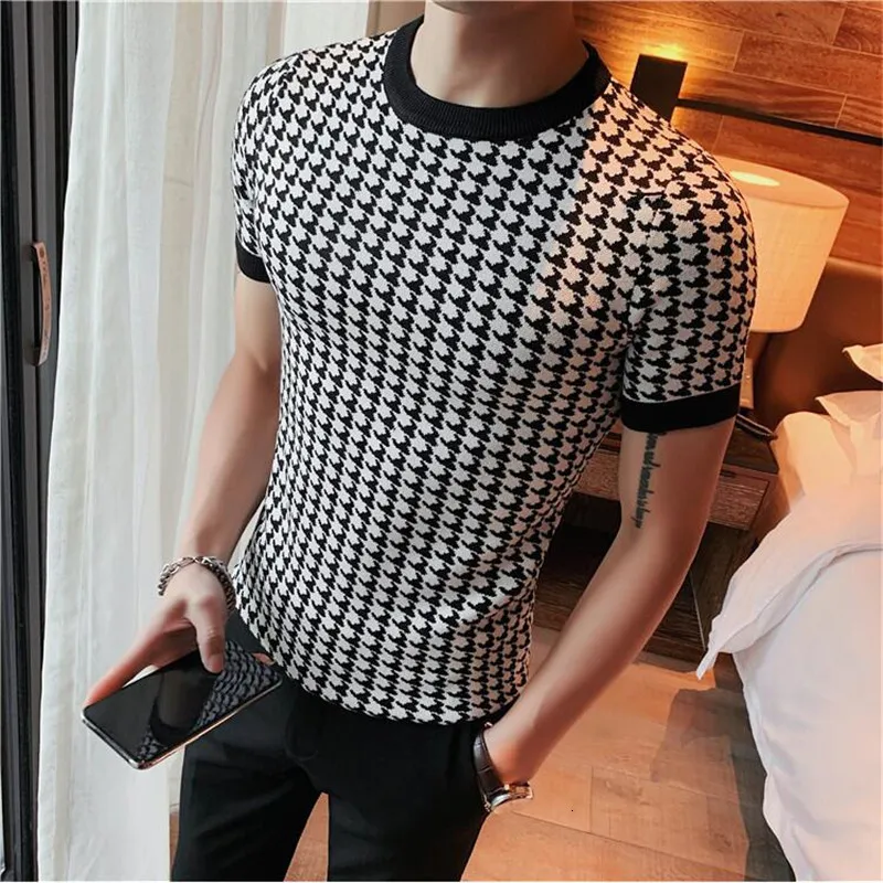 Herren T-Shirts Luxus Herren Sommer Schlank Gestricktes T-Shirt Houndstooth O-Ausschnitt Kurzarm Top T-Shirts Streetwear Social Club Casual T-Shirt 230509