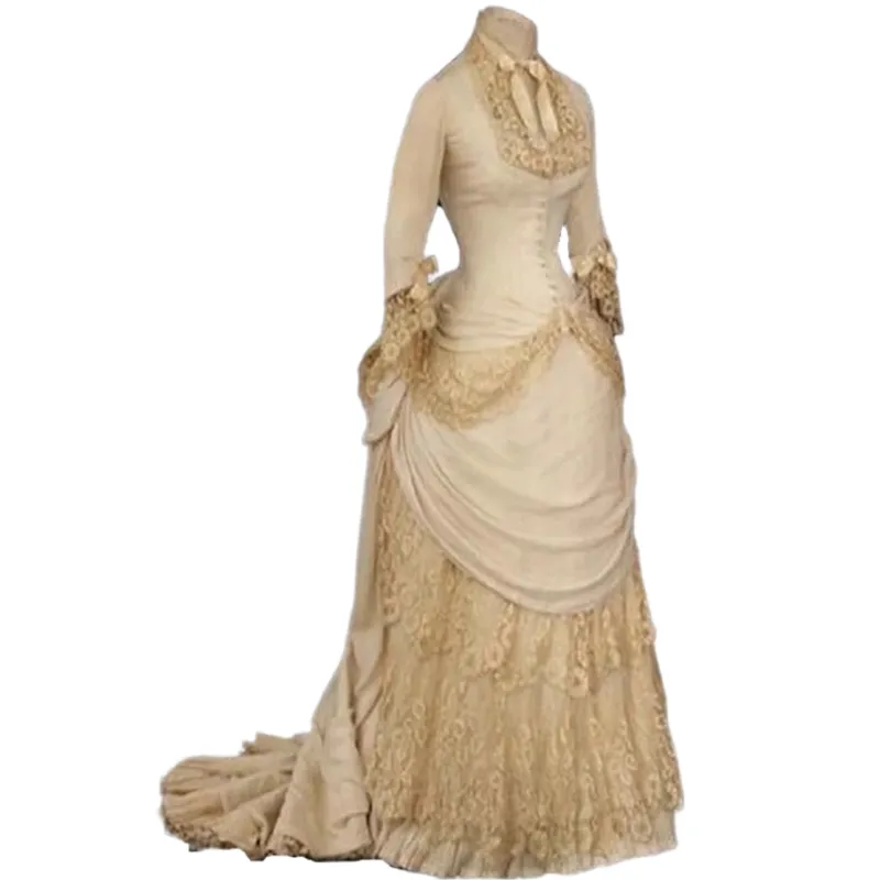 Vintage Victorian Prom Dresses Kahki Champagne Bustle Lace Pleats