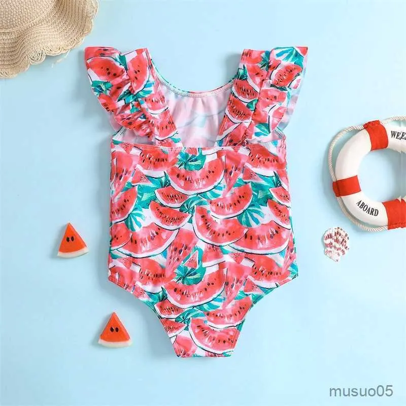 두 피스 아이 여자 아기 귀여운 비치웨어 수영복 만화 수박 프린트 주름 날기 슬리브 점프 슈트 수영복 수영복