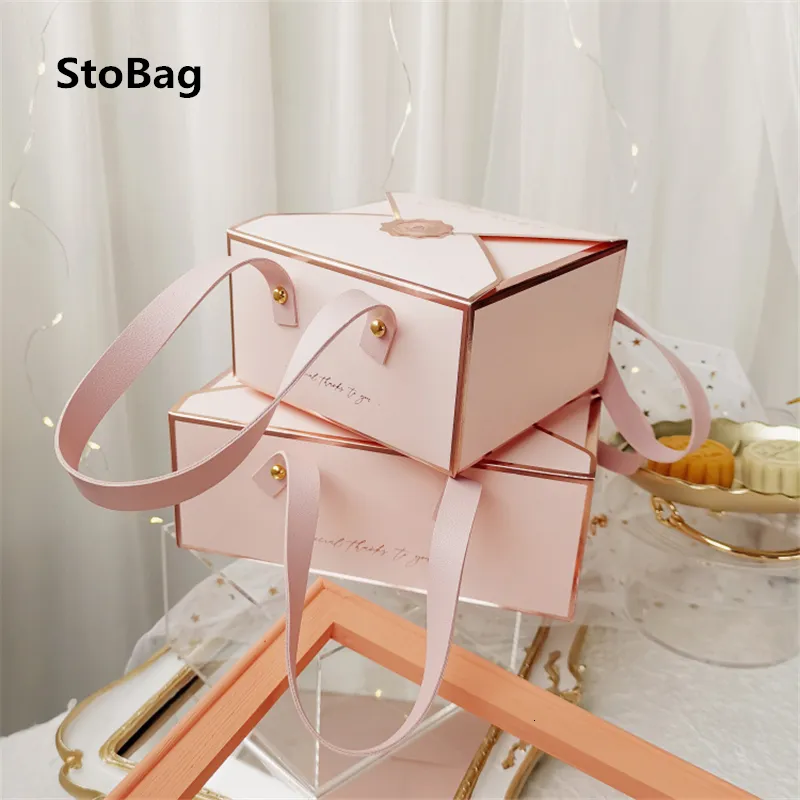 Cake s StoBag 5pcs Bronzing Portable Paper Box Leather Rope Chocolate Candy Packaging Birthday Party Year Gift Decoration 230508