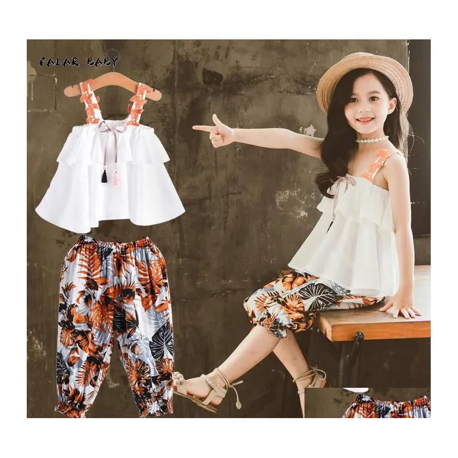 Kledingsets Tiener Girl Kleding Zomer Kinderen Fashion Sling Tops Floral Two Piece Set Children Suit Girls Outfits 4 5 8 9 10 12 Ye Dhngf