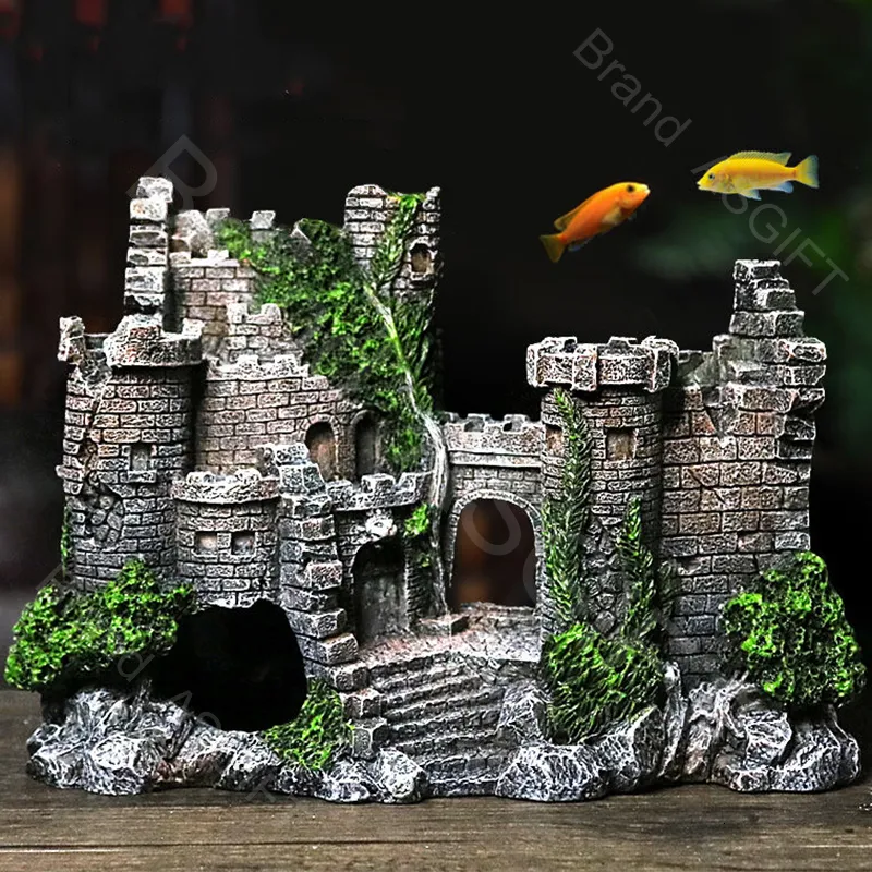 Decoraties Aquarium Ancient Castle Decoration Resin Artificial Building Rocks Cave for Aquarium Fish Tank Landscaping Ornament Decor 230506