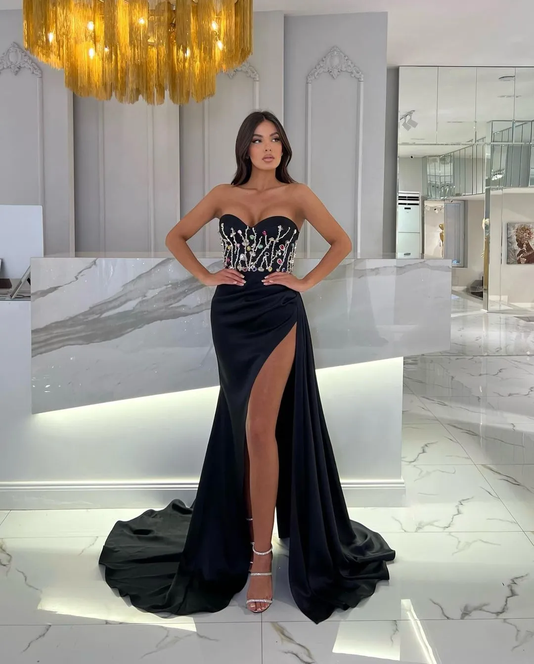 open lace back dress Long A-line Sweetheart Tulle Fluffy Prom Dresses Black Formal Evening   BIZTUNNEL