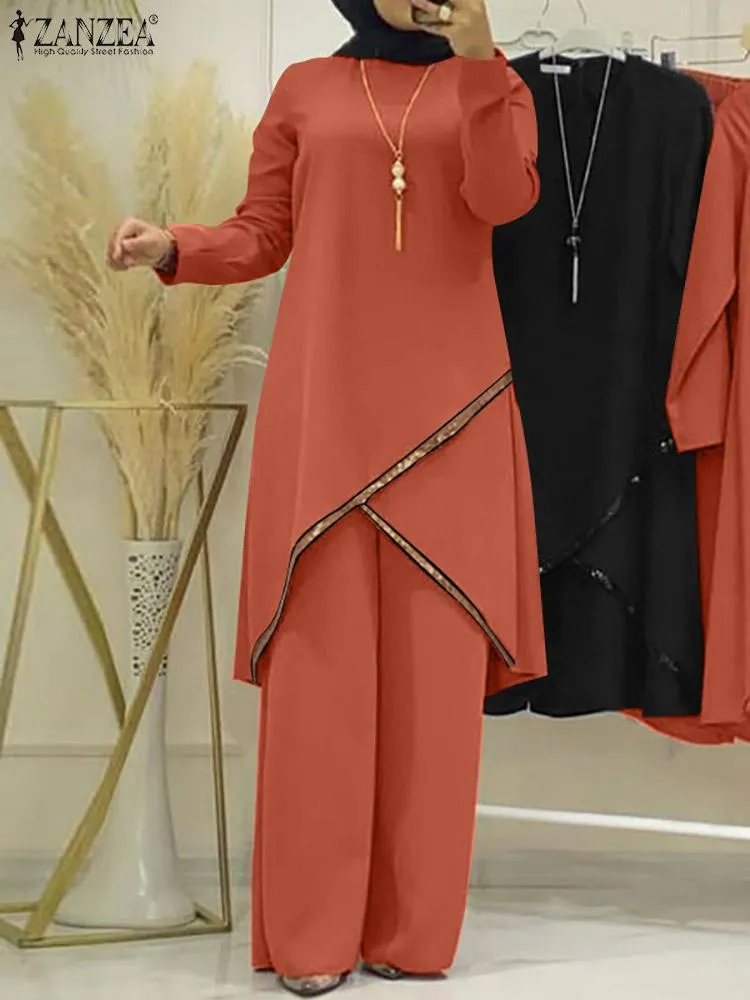 Jeans ZANZEA Fashion Urban Tracksuit Muslim Women Long Sleeve Blouse Abaya Suits Sequins Islamic Clothing Loose Matching Sets 2PCS