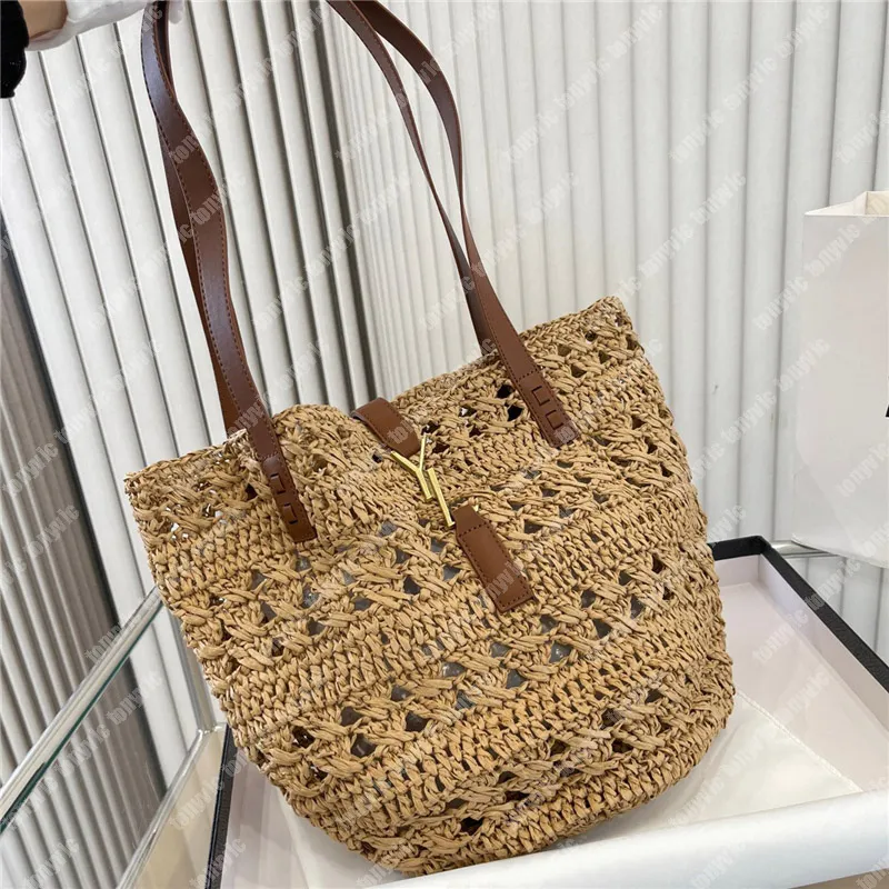 Straw Beach Tote Bag with Gold Buckle Casual Shoulder Bag for Men Women 26cm Khaki