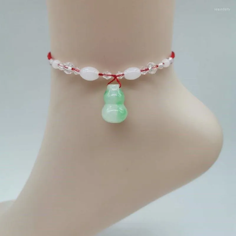 Bracelets de cheville été classiques en forme de coeur pendentif pour femmes fille tissé à la main rouge corde Jade perlé pieds chaîne bijoux accessoires