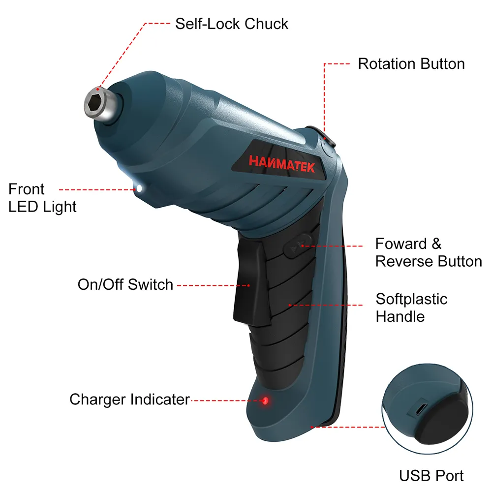 Cordless Screwdriver Set HANMATEK 230509 Rechargable Electric Screwdriver Kit Powerful Screwdriver Small Screw Guns with Straight and Pistol Grip