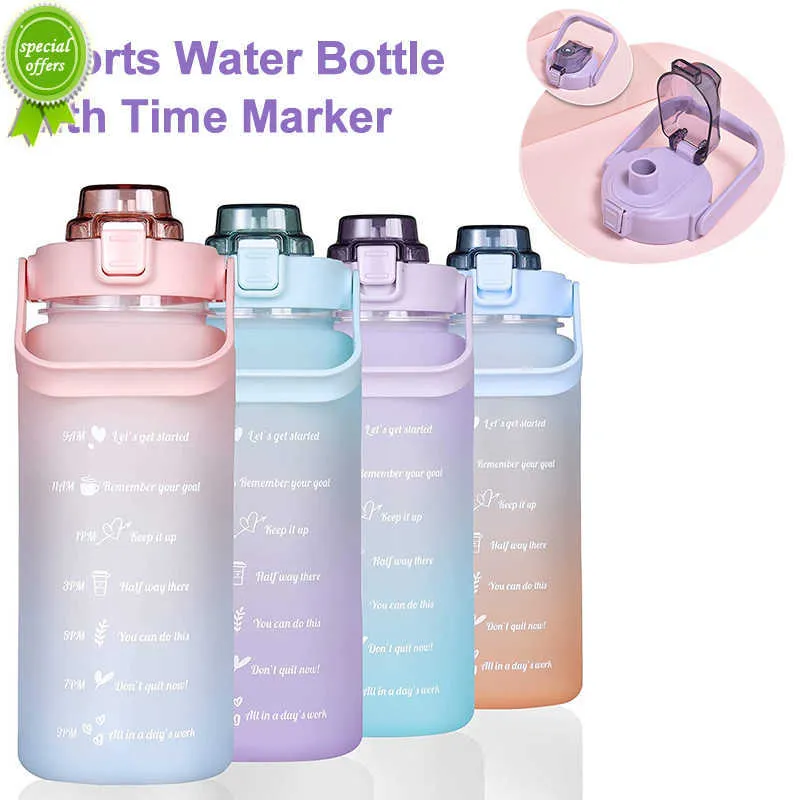 2 liter vattenflaska med halm student dricka sport fitness frostad kopp utomhus sommar kallt vatten flaskor med tidsskala