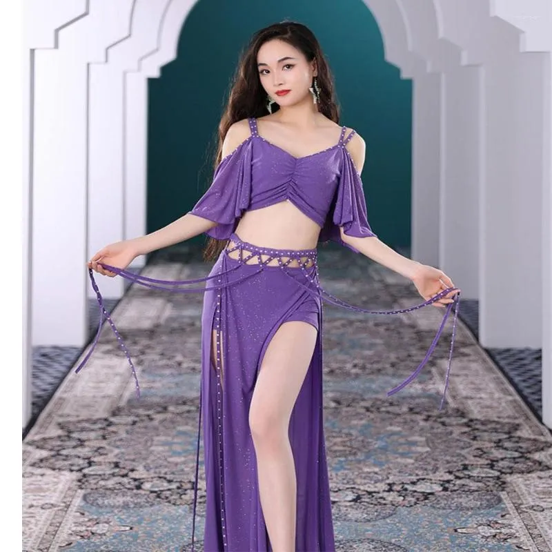 Stage Wear Sexy Simple Style Women's Belly Dance Costume Top Off Shoulder Sleeves Split Skirt Aldult Oriental Dancing Performance