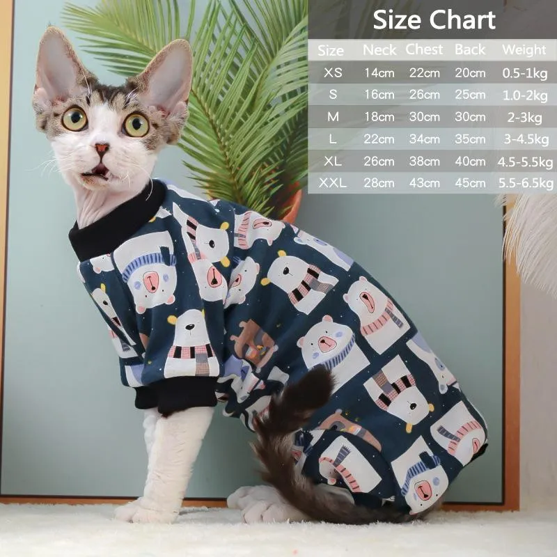 Kläder kattkläder för Sphinx Spring Cartoon Printed Cat Pyjamas Kleding Devon Hairless Cost Costen Kitten Pullover Shirt Jumpsuit