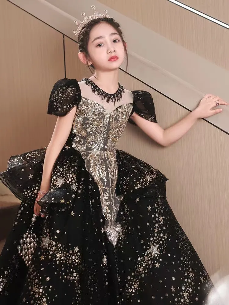 Gold and Black Crystal Necklace princess evening gown for Girls - Perfect for Pageants, Weddings, First Holy Communion, and Toddler Parties