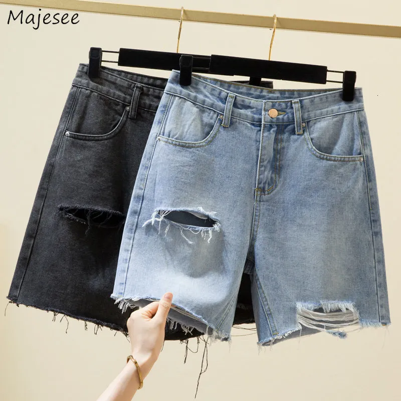 Kvinnors shorts shorts kvinna denim solid hål tassel fickor all-match streetwear koreansk rak enkel sommar cool retro vintage damer 230509