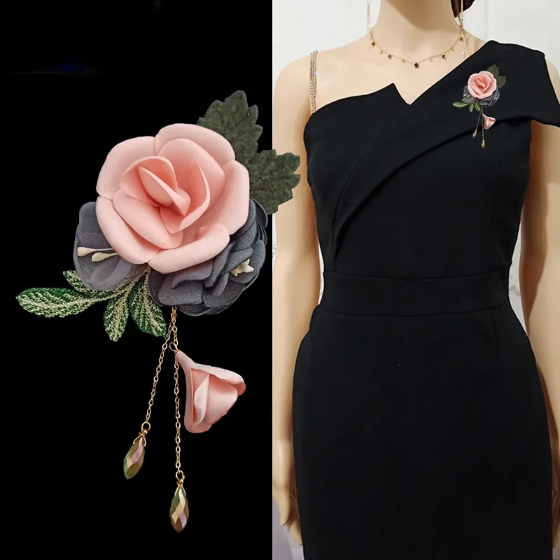 Elegant Fabric Flower Brooch Pins Crystal Tassel Corsage for Women