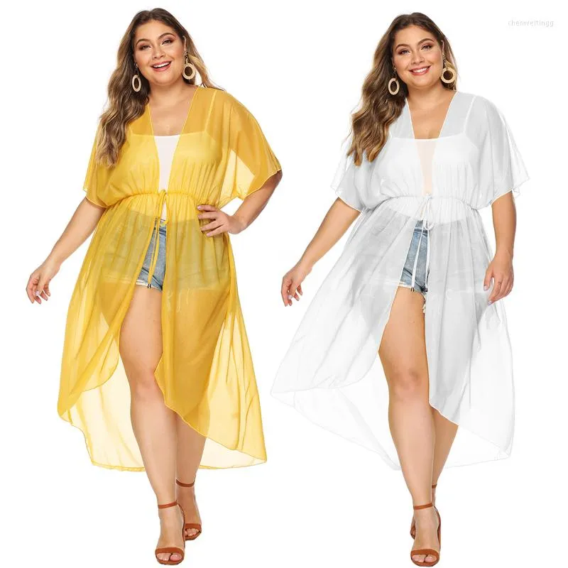 Maillots de bain pour femmes Femmes Robe d'été 2023 Plage Cover Up pour mousseline de soie Bound Recevoir taille haute Cardigan lâche Couleur pure Smock Solide