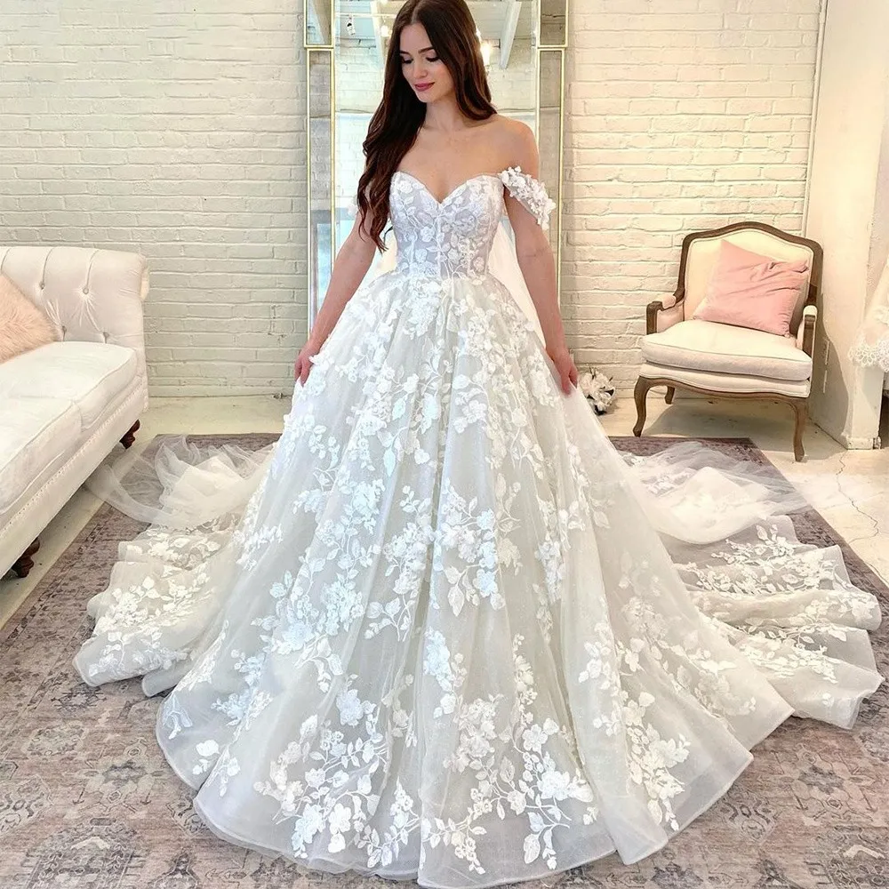 Modern Off The Shoulder Ball Wedding Dresses Bridal Gown 3D Flowers Lace Appliques Long Train Vestidos De Novia With Cape Sleeve 326 326